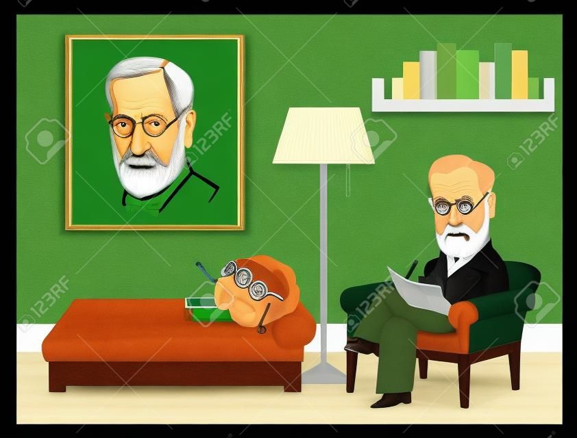 西格蒙德佛洛伊德卡通-佛洛伊德坐在绿色的沙发上用眼镜分析大脑。