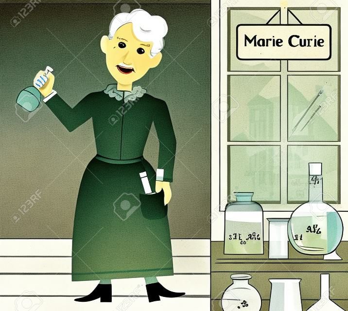 Cute cartoon of Marie Curie in her lab holding a test tube with radium.