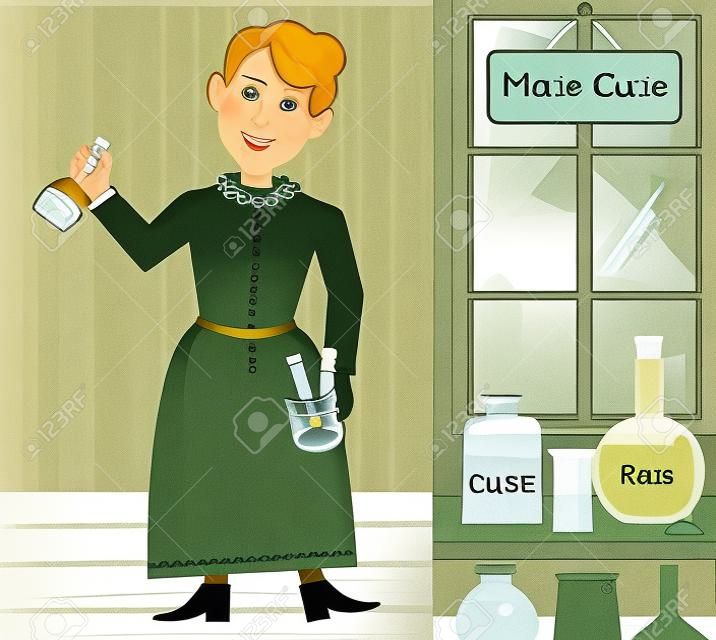 historieta linda de Marie Curie en su laboratorio que sostiene un tubo de ensayo con el radio.