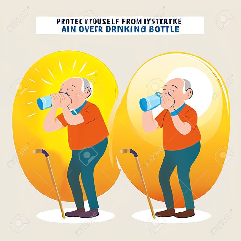 Protect yourself from heat stroke, Stay hydrated. Illustration of an elderly man overheating and drinking water from a bottle.