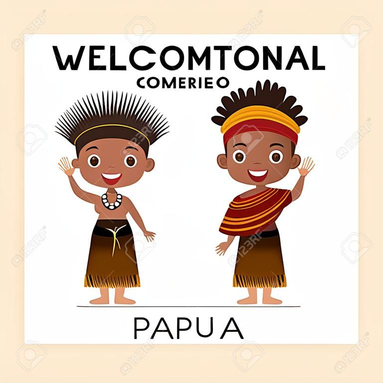 Indonesian boy and girl are wearing Indonesian traditional clothes from Papua, as they wave their hand saying welcome