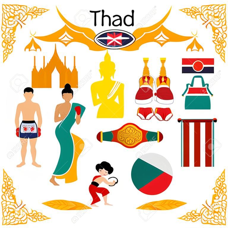 Flat elements for designs about Thailand including the word THAI BOXING in Thai on boxing shorts.