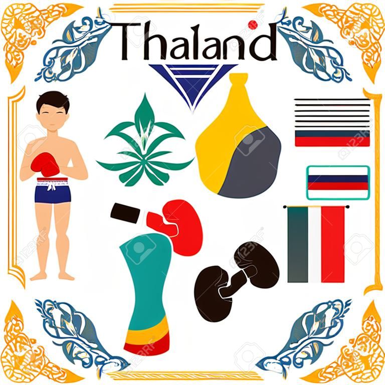 Elementi piani per i disegni sulla Thailandia, tra cui la parola THAI BOXING in tailandese su pantaloncini da boxe.