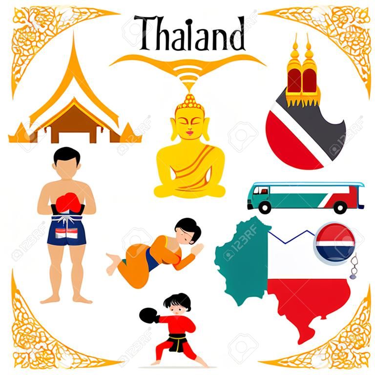 Elementos planos para desenhos sobre a Tailândia, incluindo a palavra THAI BOXING em tailandês em shorts de boxe.