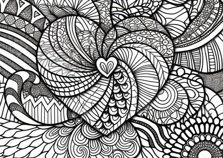 Zendoodle hearted shape on floral background for cards and adult coloring book page
