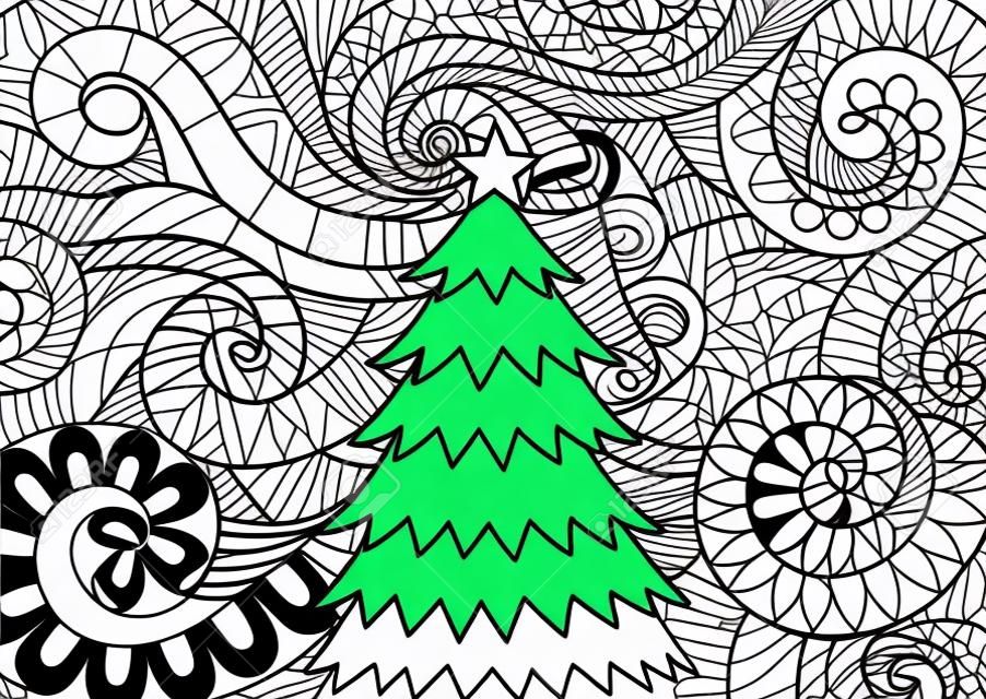Line art design of storm scrolling and Christmas tree for print design and adult coloring book page. Vector illustration