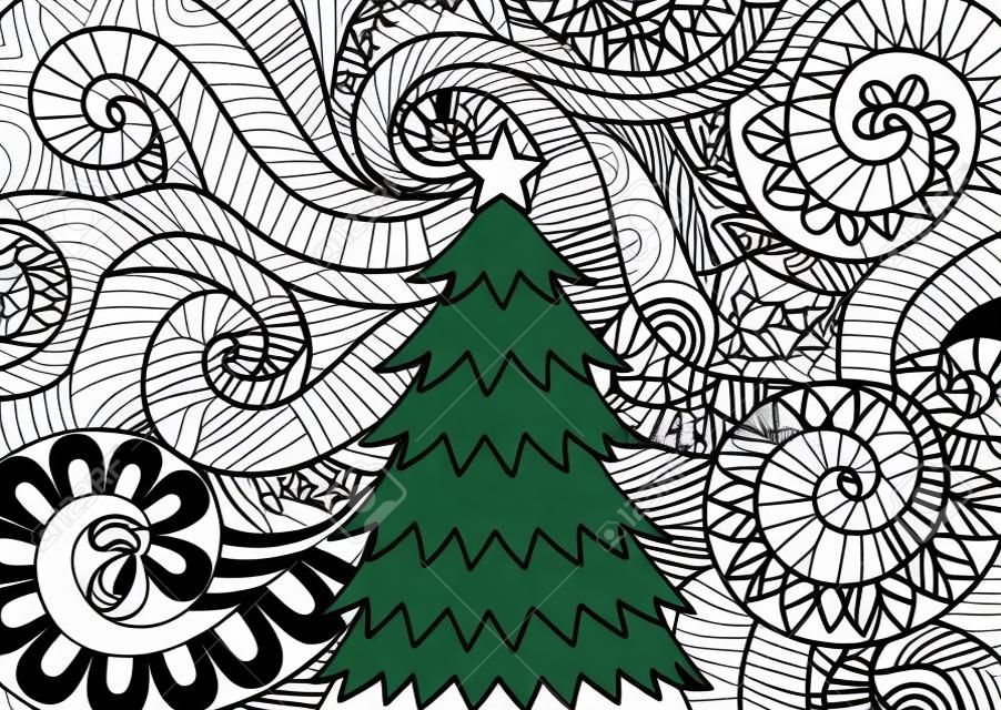 Line art design of storm scrolling and Christmas tree for print design and adult coloring book page. Vector illustration