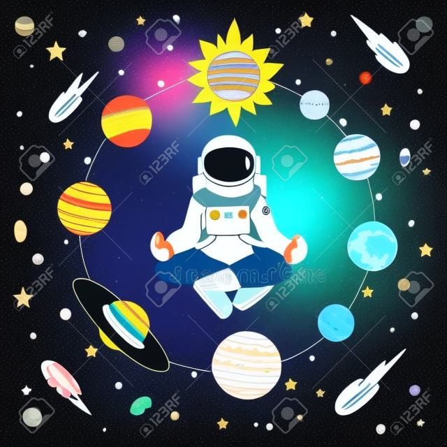 Astronoaut dessiné à la main faisant la méditation parmi le système solaire pour l'élément de conception et la page du livre de coloriage. Illustration vectorielle