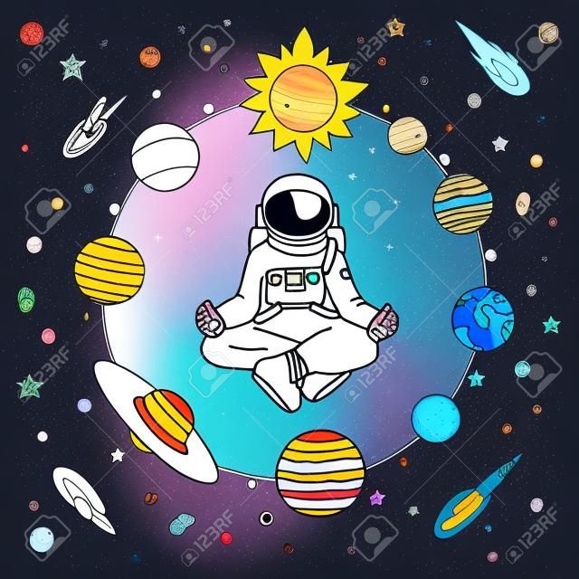 Astronoaut dessiné à la main faisant la méditation parmi le système solaire pour l'élément de conception et la page du livre de coloriage. Illustration vectorielle