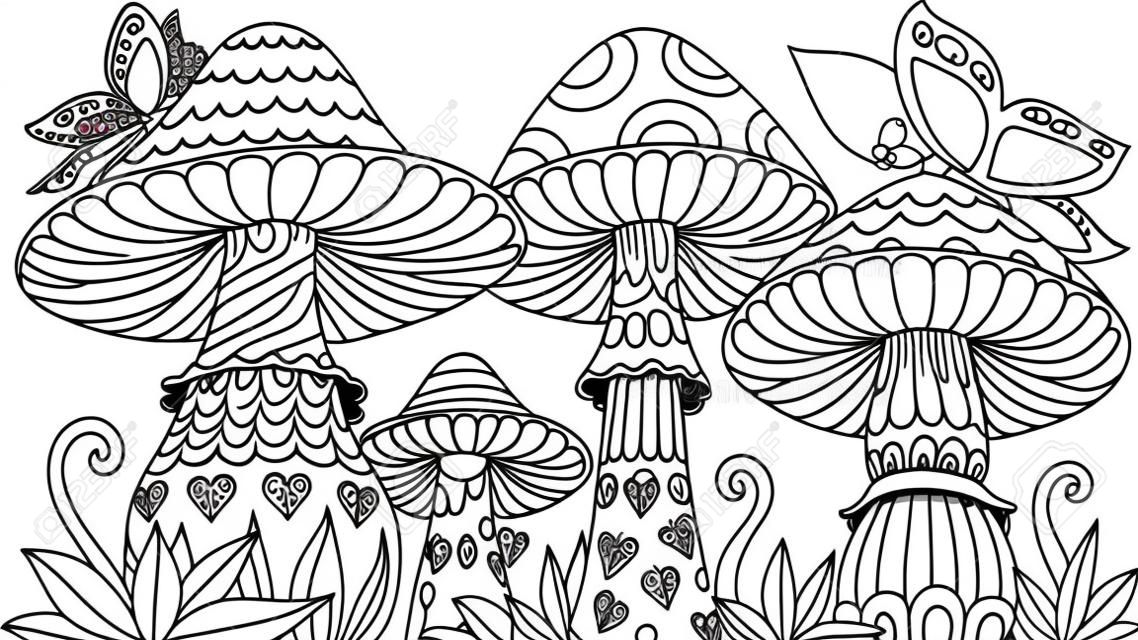 Cute three mushroom in spring time with butterflies for design element and coloring book,coloring page,colouring picture. Vector illustration