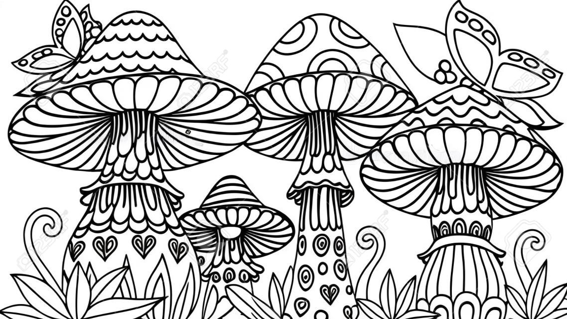 Süße drei Pilze im Frühling mit Schmetterlingen für Gestaltungselement und Malbuch, Malseite, Malbild. Vektor-Illustration