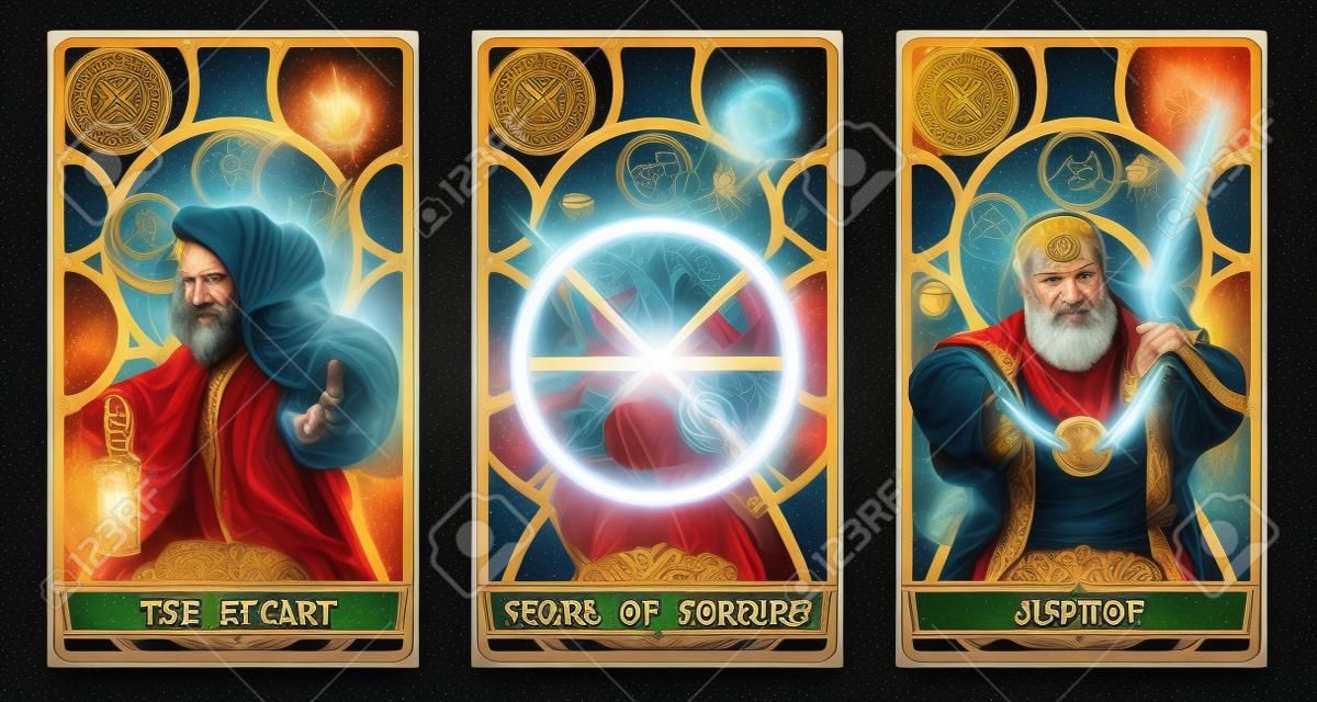 Tarot card illustration set.  Suit of the hermit, suit of wheel of fortune and suit of justice with clipping path.
