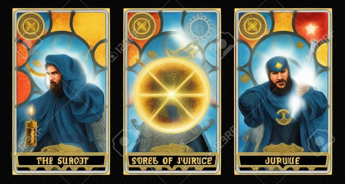 Tarot card illustration set.  Suit of the hermit, suit of wheel of fortune and suit of justice with clipping path.