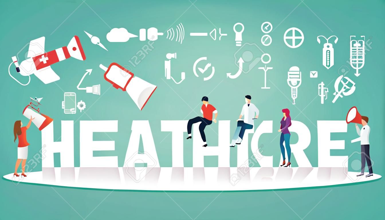 healthcare concept with team people working together with big text title banner and icon about it spreading flying with loudspeaker - vector illustration