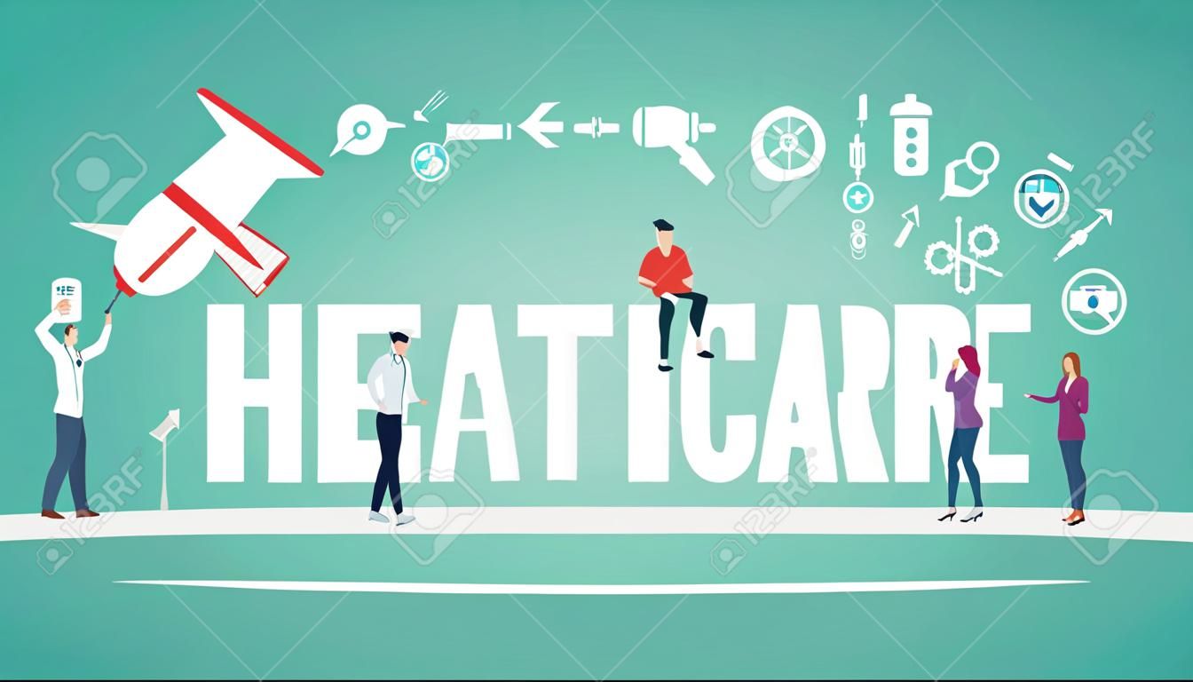 healthcare concept with team people working together with big text title banner and icon about it spreading flying with loudspeaker - vector illustration