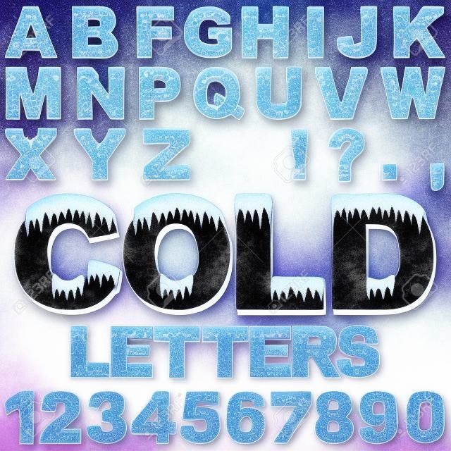 An Alphabet Set of Cold Letters and Numbers with Snow and Ice