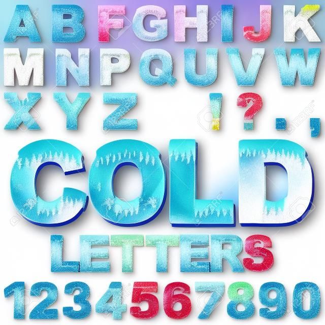 An Alphabet Set of Cold Letters and Numbers with Snow and Ice