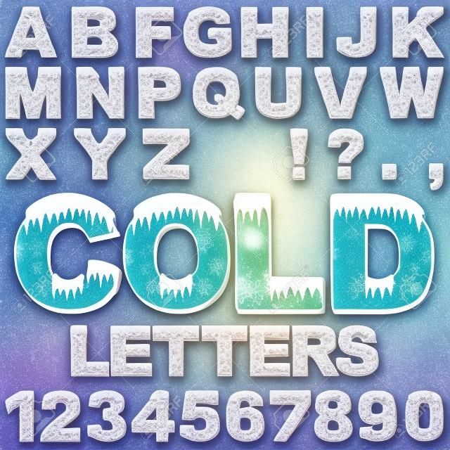 Un conjunto de letras del alfabeto y los números fríos con nieve y hielo