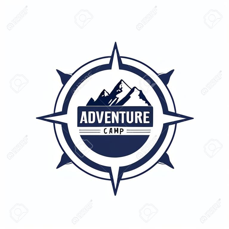 Modèle de conception de logo boussole, camp d'aventure en plein air, collège. Trekking, conception d'impression de tee-shirt vintage