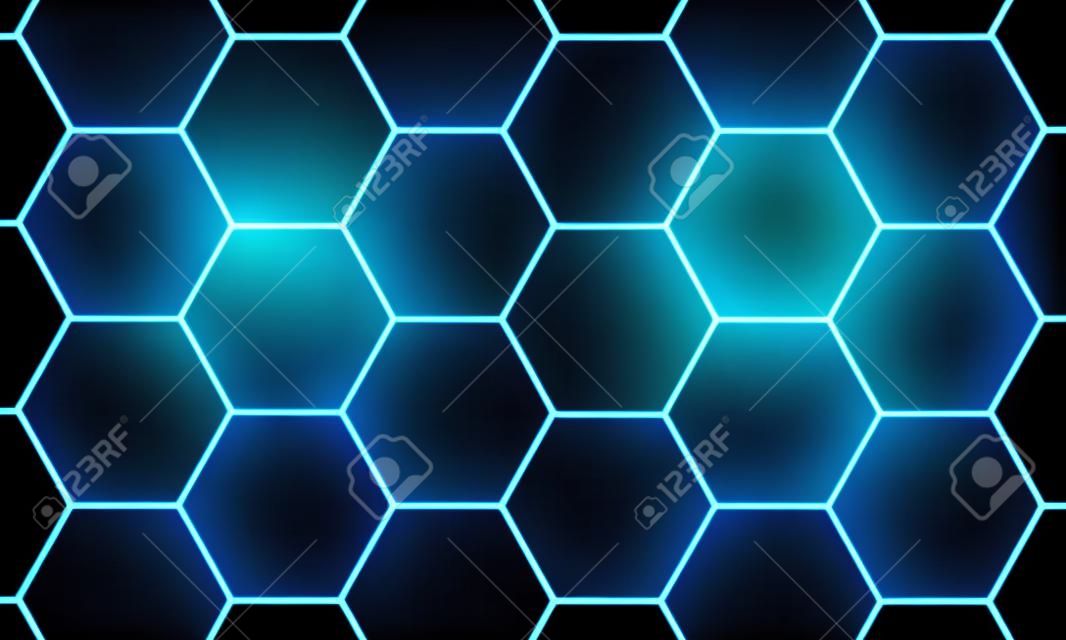 Fond vectoriel abstrait de technologie de jeu à hexagone noir avec des éclairs d'énergie lumineuse de couleur bleue. Illustration vectorielle.