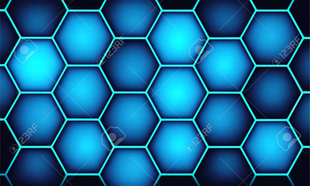 Fundo abstrato do vetor da tecnologia do jogo do hexágono preto com flashes de energia brilhantes coloridos azuis.
