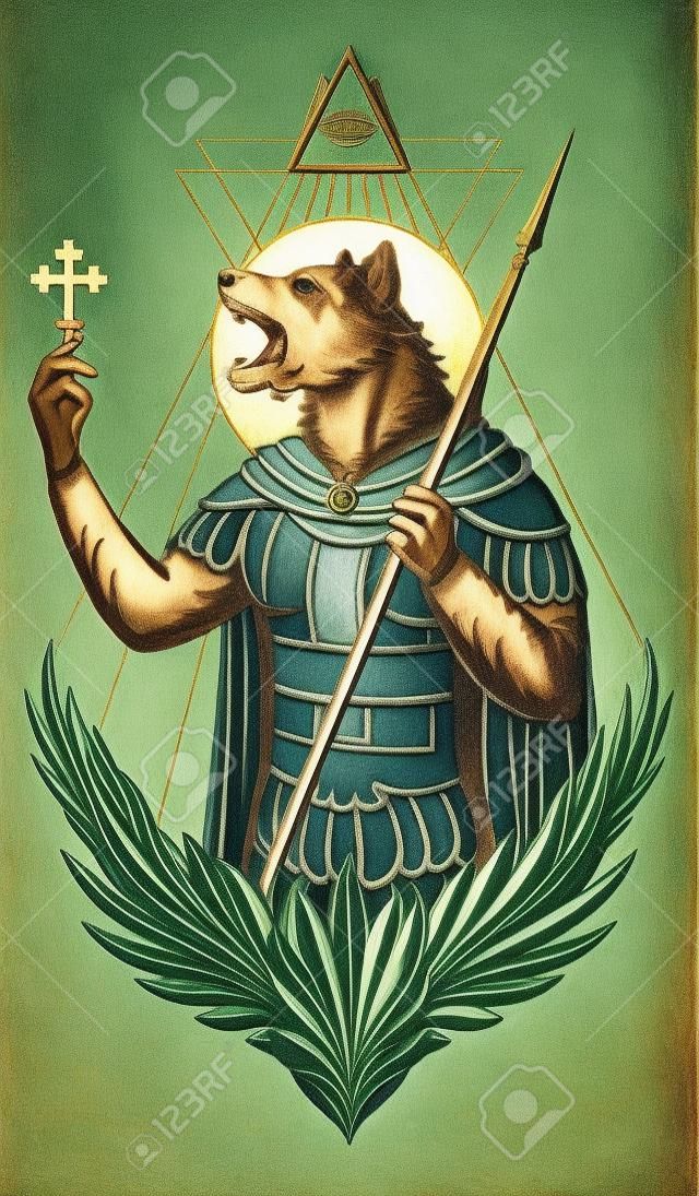 Saint Christopher is depicted with the head of a dog and holds a cross in his hand, an all-seeing eye above his head.