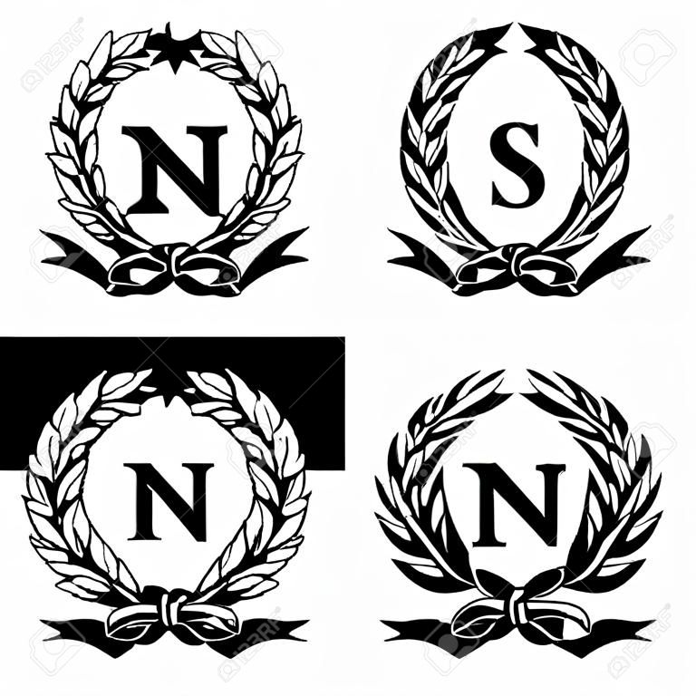 Set of laurel wreaths, Napoleon Bonaparte (N) with a five-pointed star. Vector illustration.