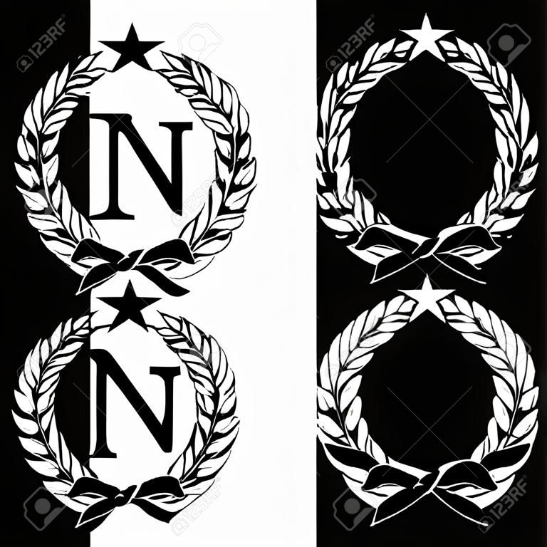Set of laurel wreaths, Napoleon Bonaparte (N) with a five-pointed star. Vector illustration.