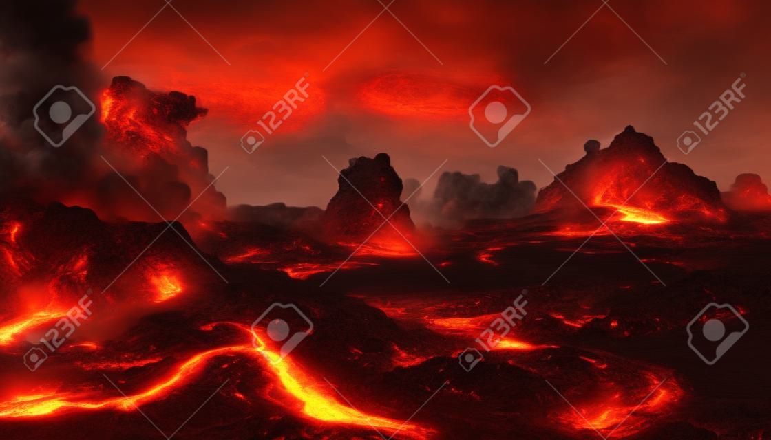 Apocalyptic volcanic landscape with hot flowing lava and smoke and ash clouds. Digital illustration.