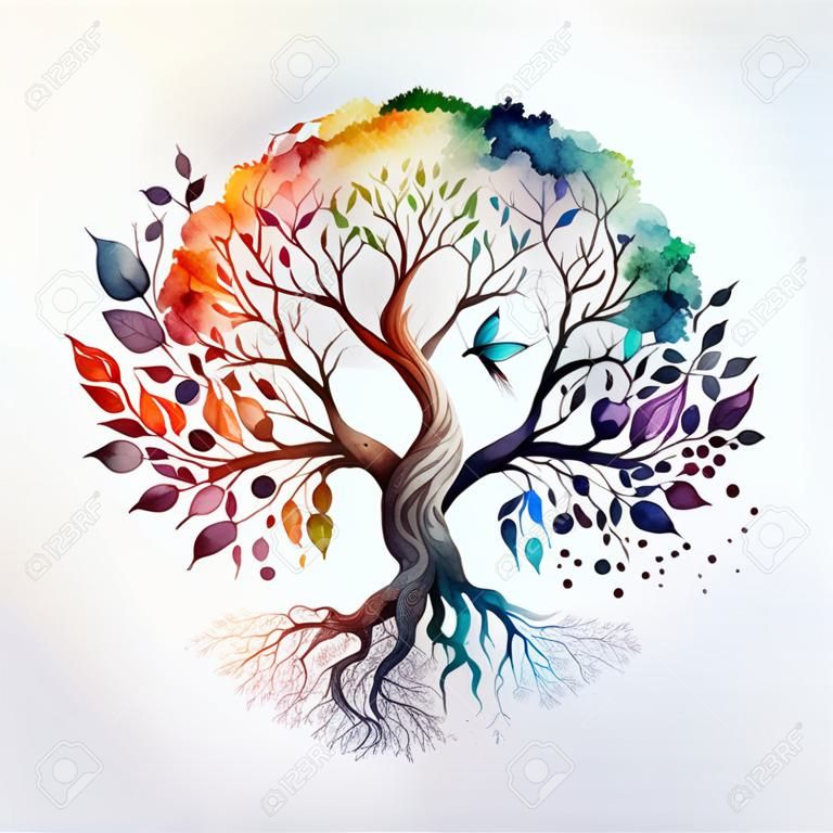 Estilo acuarela árbol de la vida árbol sagrado mitológico concepto de vida  espiritual ia generativa