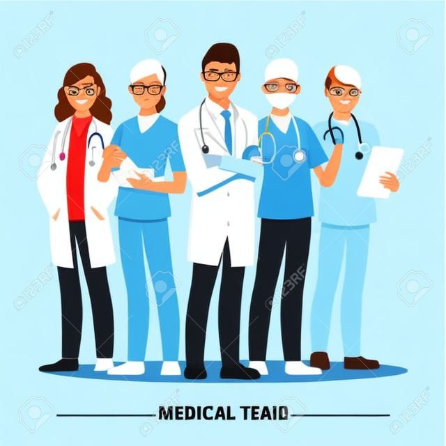 Equipo médico y personal, personaje de dibujos animados de ilustración vectorial