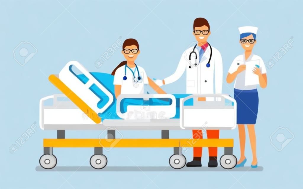 Ärzteteam und Patient im Krankenzimmer. , Vektor-Illustration Zeichentrickfigur