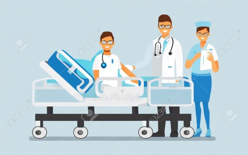 Ärzteteam und Patient im Krankenzimmer. , Vektor-Illustration Zeichentrickfigur