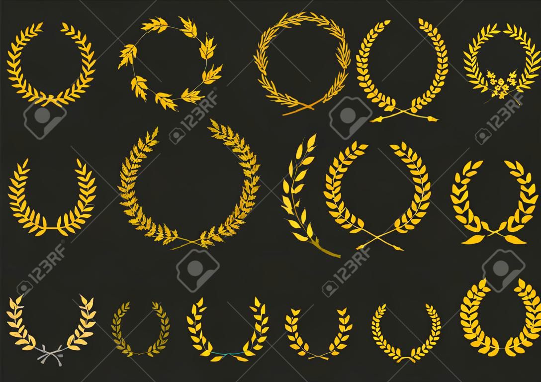 Coroas de louro vetoriais douradas no fundo preto. Conjunto de coroa de prêmio foliate para festival de cinema. Ilustração vetorial.