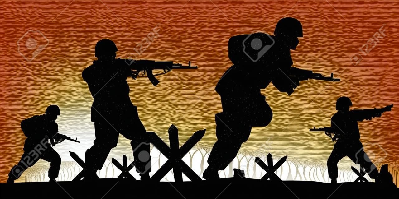 전쟁 실루엣 벡터에 라이플 총을 들고 있는 병사들, 배경 디자인을 위한 삽화, 전투 중인 군인.