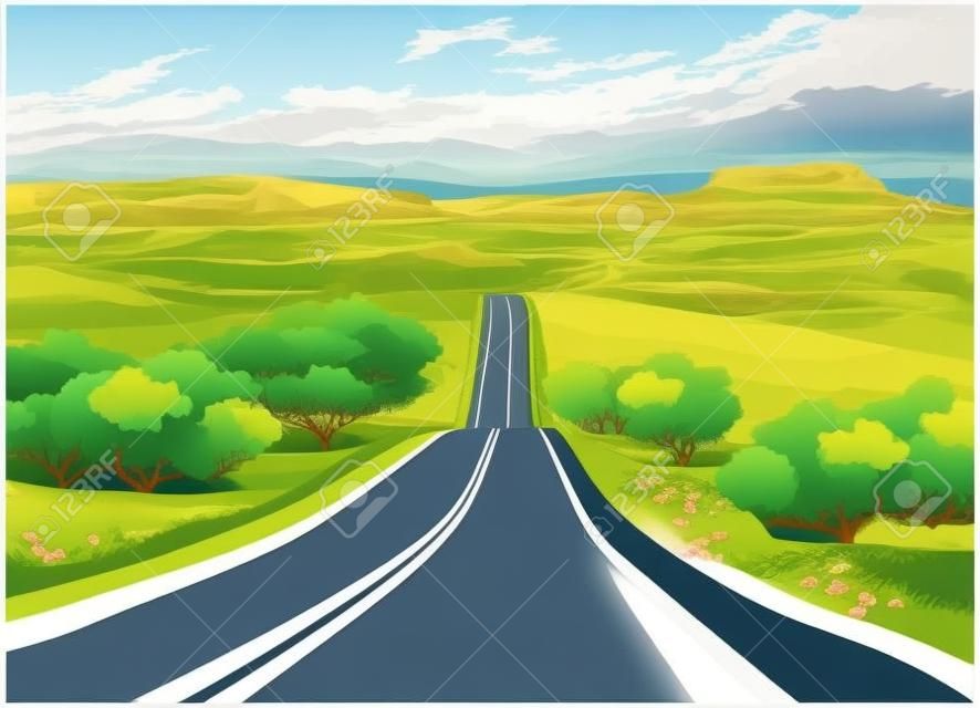 illustration vectorielle stylisée d & # 39 ; une route pittoresque à travers la vallée de montagne