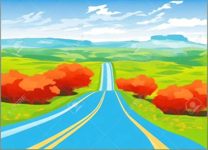 illustration vectorielle stylisée d & # 39 ; une route pittoresque à travers la vallée de montagne