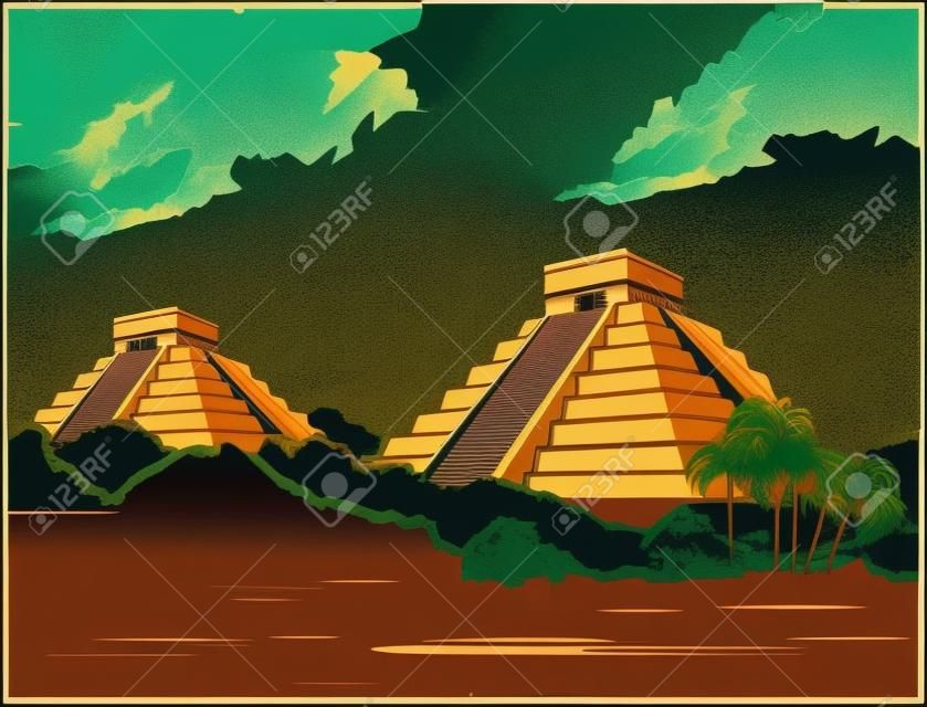 Stilisierte Vektorgrafik alter Maya-Pyramiden im Dschungel im Retro-Poster-Stil