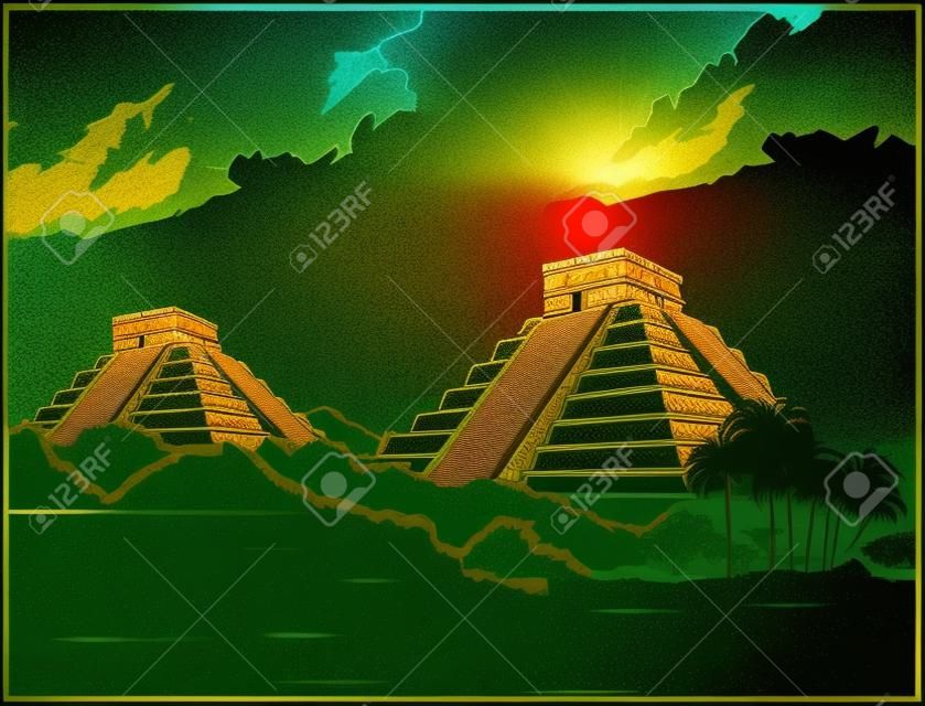 Stylized vector illustration of ancient Mayan pyramids in the jungle in retro poster style
