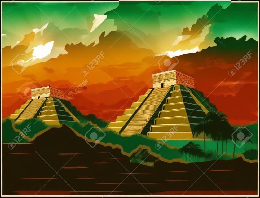 レトロなポスタースタイルでジャングルの古代マヤのピラミッドの様式化されたベクトルイラスト