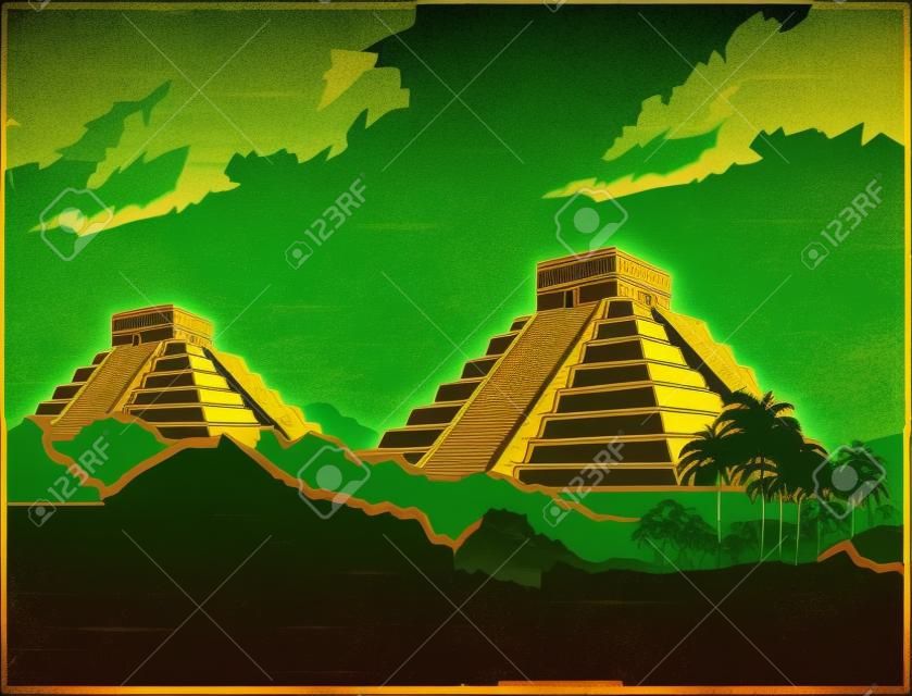 Stylized vector illustration of ancient Mayan pyramids in the jungle in retro poster style