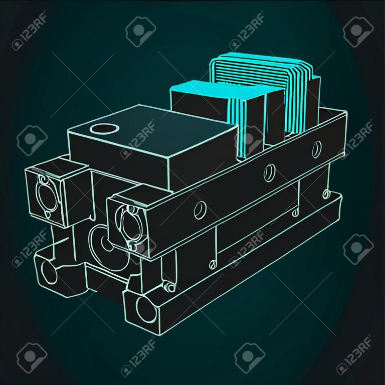 Stylized vector illustrations of blueprint of machine vice for CNC machines