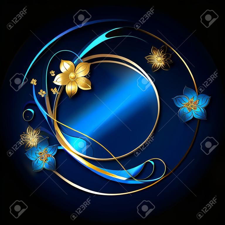round banner with golden curls , adorned with gold abstract flowers on a blue background  