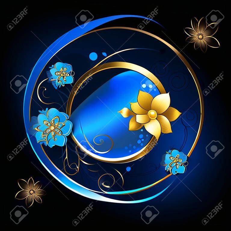 round banner with golden curls , adorned with gold abstract flowers on a blue background  