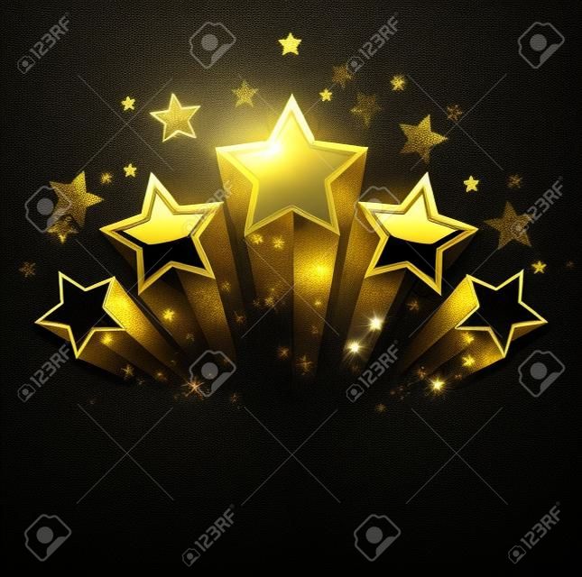 Five shining stars of gold foil on a black background 