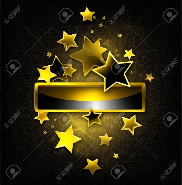 bandera negro rectangular con marco de oro adornado con estrellas de oro sobre un fondo negro