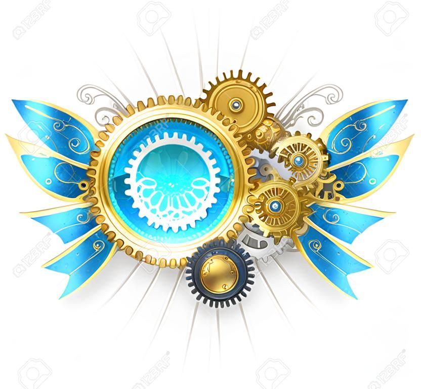 ronde banner met gouden en messing tandwielen, versierd met blauw glazen mechanische vleugels op een witte achtergrond