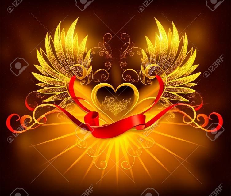 coração dourado com asas douradas, decorado com uma fita de seda vermelha em um fundo preto