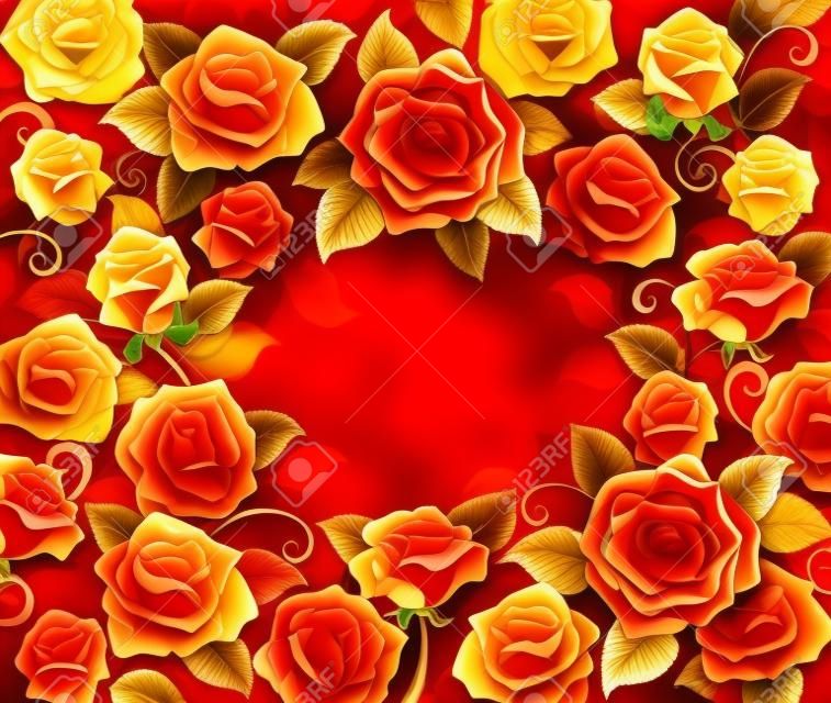 gold and red roses with golden leaves on a red background.