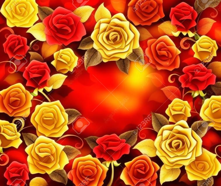 gold and red roses with golden leaves on a red background.